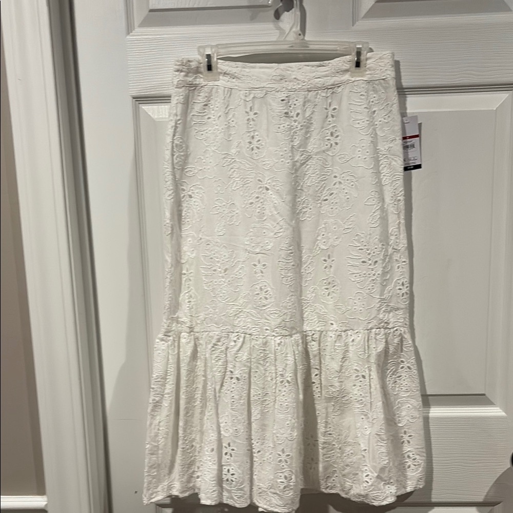 sofia by sofia vergara White Eyelet Midi Skirt with Ruffled Hem